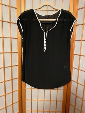 SPENSE Sheer Black Blouse White Trim Button detail Size L. Women’s sheer Top